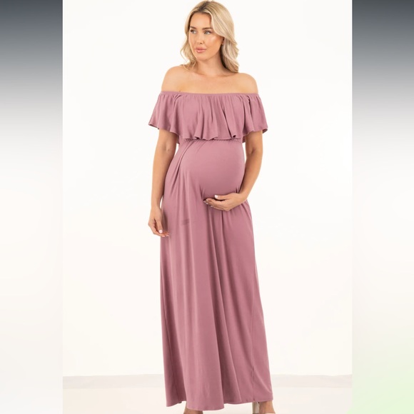 NWT Dusty Pink Ruffled Open Shoulder Maternity Dress - Picture 2 of 8